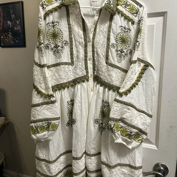Anthropologie Maeve Ivory and Olive Embroidered Long Sleeve Dress - Picture 10 of 10